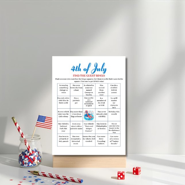 Cartão De Festividades Festa piscina Tio Sam 4 de julho Jogo Bingo (Pool Party Uncle Sam 4th of July Bingo game Holiday Card)
