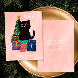 Cartão De Festividades Festa Rosa Feliz Natal Gato Preto Fofo Café