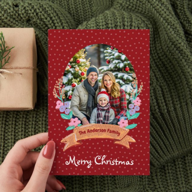 Cartão De Festividades Festiva Floral Wreath Christmas Red Photo (Criador carregado)