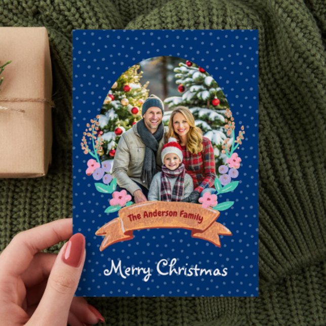 Cartão De Festividades Festiva Floral Wreath Dark Blue Foto Natal (Criador carregado)