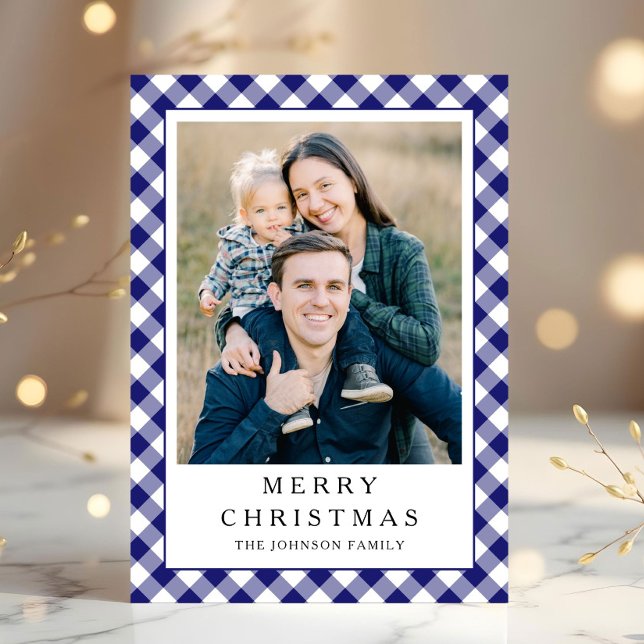 Cartão De Festividades Festive Blue Gingham Photo Christmas (Festive Blue Gingham Photo Christmas Holiday Card)