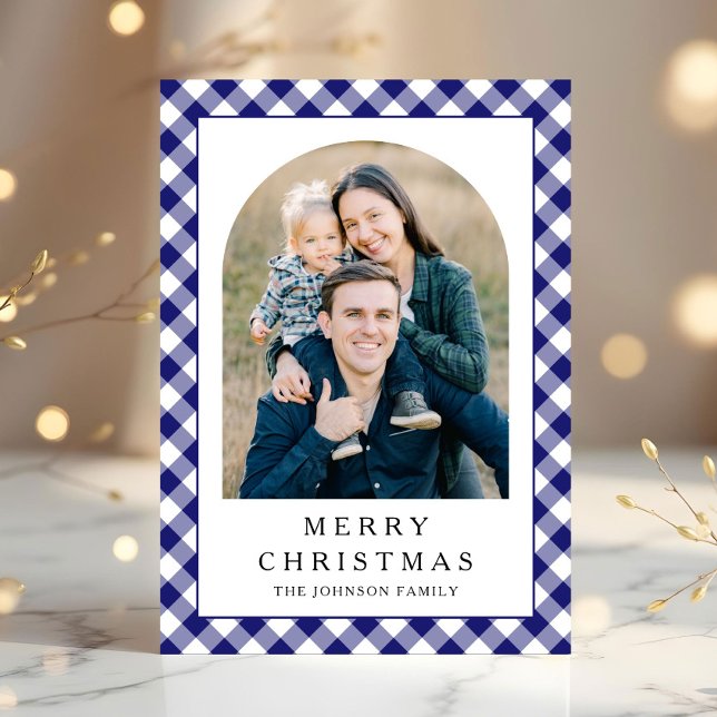 Cartão De Festividades Festive Blue Gingham Photo Christmas (Festive Blue Gingham Photo Christmas Holiday Card)
