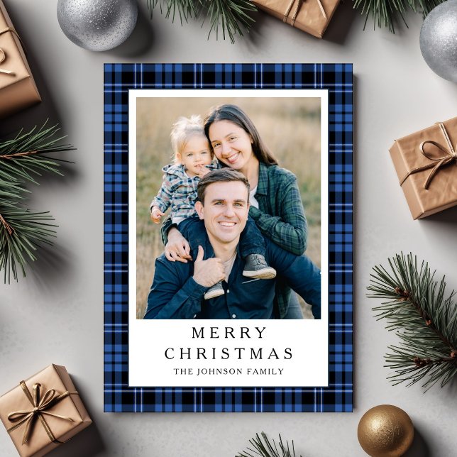 Cartão De Festividades Festive Blue Plaid Photo Christmas (Festive Blue Plaid Photo Christmas Holiday Card)