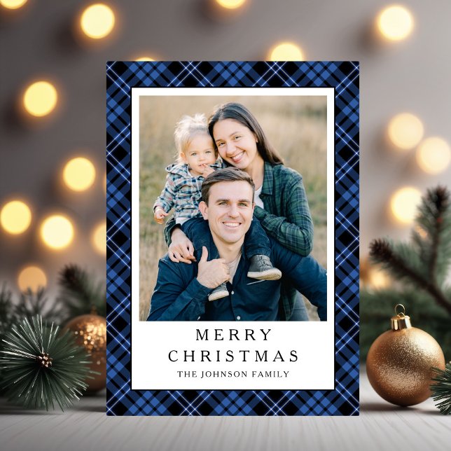 Cartão De Festividades Festive Blue Plaid Photo Christmas (Festive Blue Plaid Photo Christmas Holiday Card)