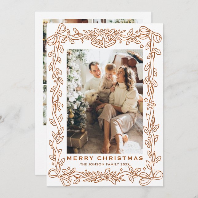 Cartão De Festividades Festive Christmas Boho Beige Bow Ribbon 5 Photo (Frente/Verso)