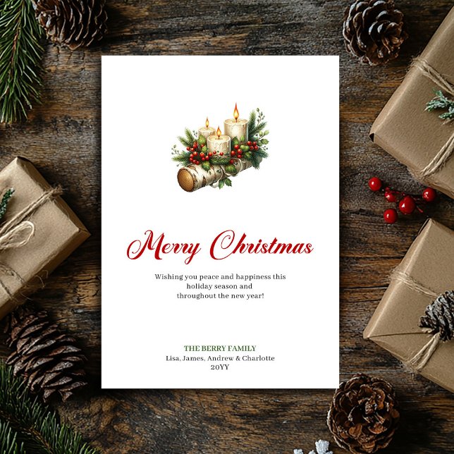Cartão De Festividades Festive Christmas candles rustic wood greeting (Festive Christmas candles rustic wood greeting Holiday Card)