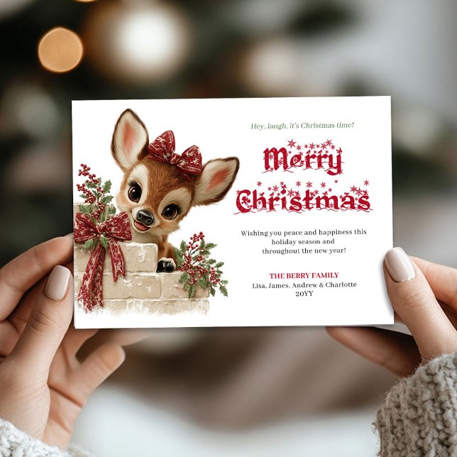 Cartão De Festividades Festive Christmas funny reindeer peeking card (Festive Christmas funny reindeer peeking card)
