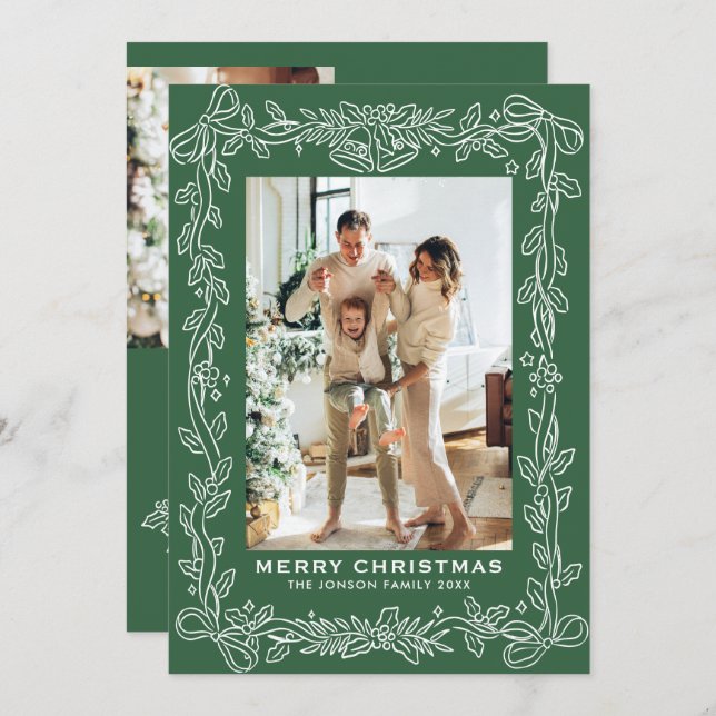 Cartão De Festividades Festive Christmas Sage Green Bow Ribbon 3 Photo (Frente/Verso)