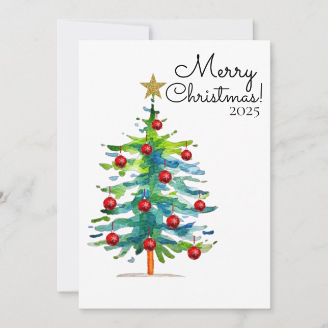 Cartão De Festividades Festive Christmas Tree With Red Ornaments (Frente)