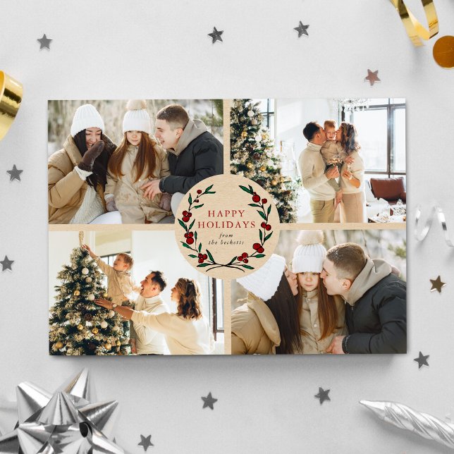 Cartão De Festividades Festive Christmas Wreath 4 Photo Happy (Criador carregado)