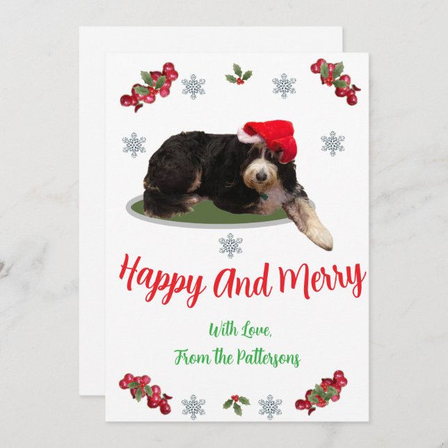 Cartão De Festividades Festive dog wearing a Santa Hat Flat Holiday Card (Frente/Verso)