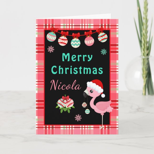 Cartão De Festividades Festive Flamingo Merry Christmas with Name (Frente)