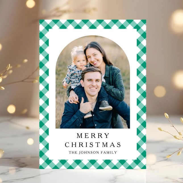 Cartão De Festividades Festive Green Gingham Photo Christmas (Festive Green Gingham Photo Christmas Holiday Card)