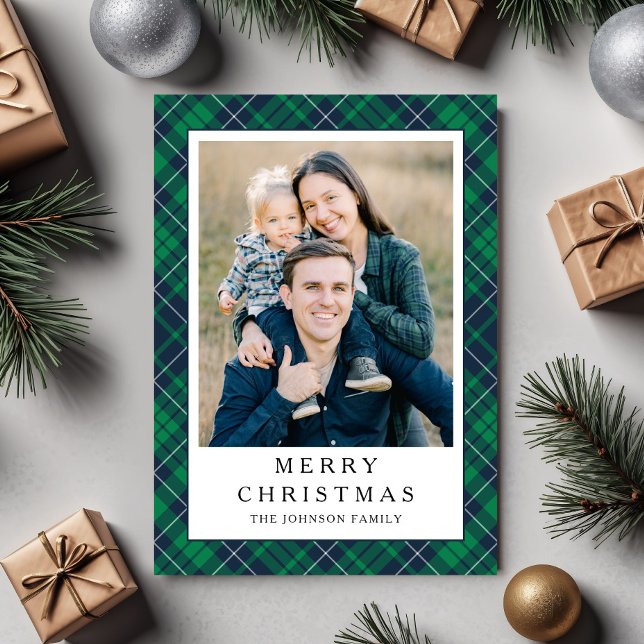 Cartão De Festividades Festive Green Plaid Photo Christmas (Festive Green Plaid Photo Christmas Holiday Card)