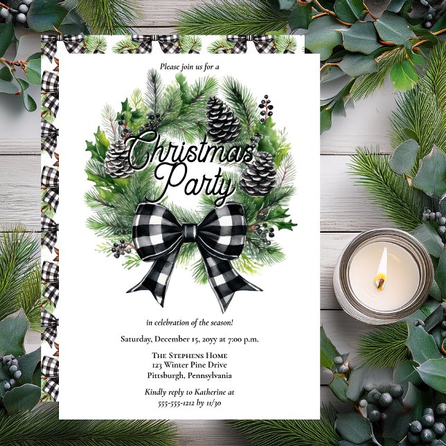 Cartão De Festividades Festive Holiday Wreath BW Bow Christmas Party  (Festive Holiday Wreath with BW Check Coquette Bow "Christmas Party" Invitation - Print | Digital)