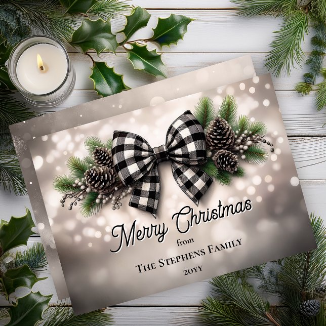 Cartão De Festividades Festive Holiday Wreath Merry Christmas Non-Photo (Festive Holiday Bough with Black | White Check Coquette Bow Bokeh Snow "Merry Christmas" Flat Card)