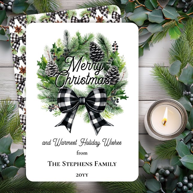 Cartão De Festividades Festive Holiday Wreath Merry Christmas Non-Photo (Festive Holiday Wreath with Black | White Check Coquette Bow "Merry Christmas" Flat Card)