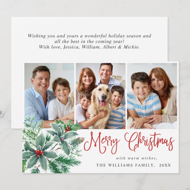 Cartão De Festividades Festive Holly Berry 3 PHOTO Christmas Greeting (Frente/Verso)