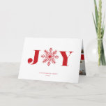 Cartão De Festividades Festive Joy | Holiday Photo Collage Folded Card<br><div class="desc">Festive typography-based Christmas card features "JOY" on the front in vibrant red retro-style letters with a snowflake standing in for the "O." Add four favorite family photos to the inside in a collage layout,  and personalize with a custom message and signature.</div>