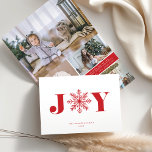 Cartão De Festividades Festive Joy | Holiday Photo Collage Folded Card<br><div class="desc">Festive typography-based Christmas card features "JOY" on the front in vibrant red retro-style letters with a snowflake standing in for the "O." Add four favorite family photos to the inside in a collage layout,  and personalize with a custom message and signature.</div>