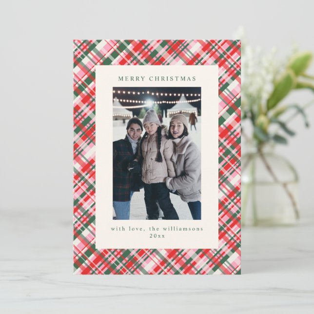 Cartão De Festividades Festive Pink Green Plaid Christmas Photo Letter (Em pé/Frente)