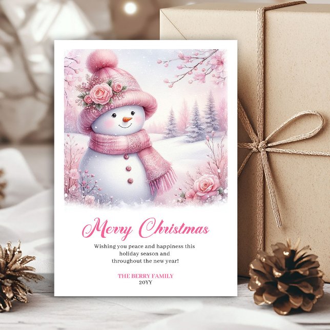 Cartão De Festividades Festive pink snowman Christmas kids card digital  (Festive pink snowman Christmas kids card digital edit)
