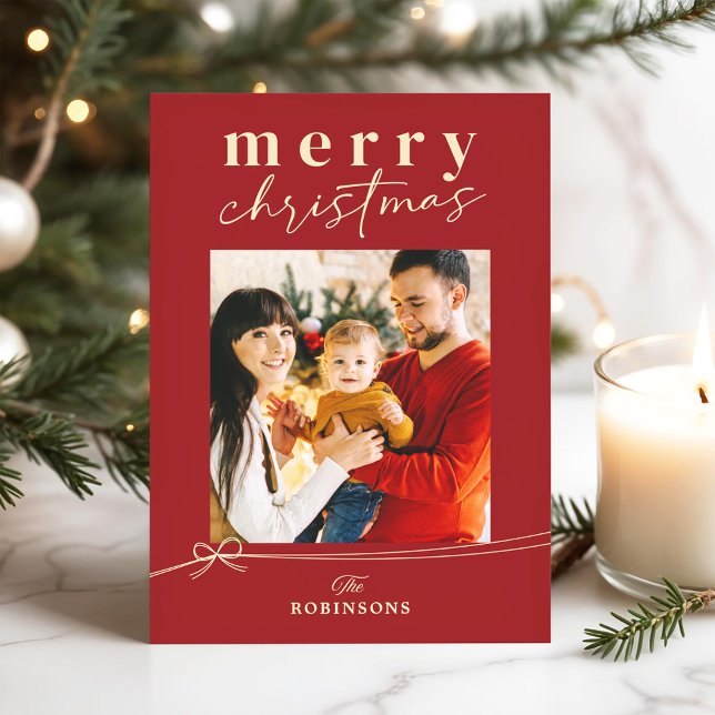 Cartão De Festividades Festive Red Coquette Bow Merry Christmas Photo (Criador carregado)