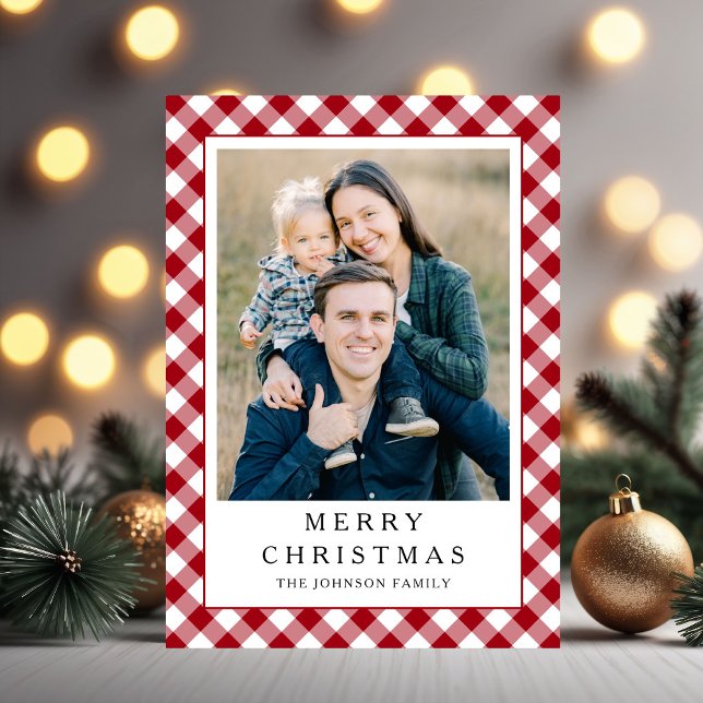 Cartão De Festividades Festive Red Gingham Photo Christmas (Festive Red Gingham Photo Christmas Holiday Card)