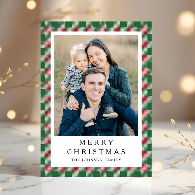 Cartão De Festividades Festive red Green Plaid Photo Christmas (Festive red Green Plaid Photo Christmas Holiday Card)