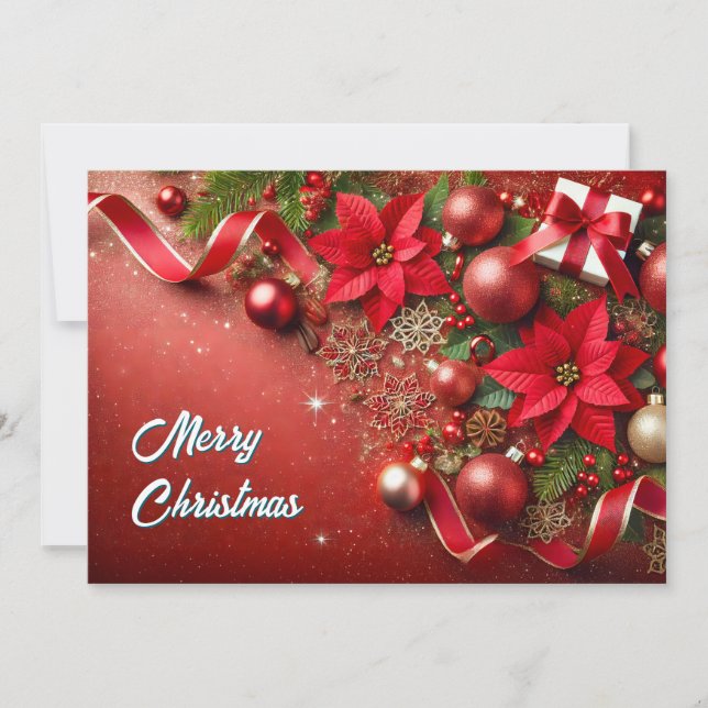 Cartão De Festividades  Festive Red Ornaments with Glitter Snowflakes (Frente)