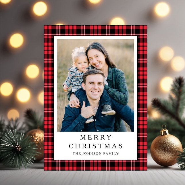 Cartão De Festividades Festive Red Plaid Photo Christmas (Festive Red Plaid Photo Christmas Holiday Card)