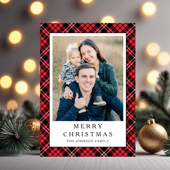 Cartão De Festividades Festive Red Plaid Photo Christmas (Festive Red Plaid Photo Christmas Holiday Card)