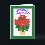 Cartão De Festividades Festive Red Poinsettia on White Season's Greetings<br><div class="desc">A bright,  festive 'Season's Greetings' Christmas card with a gold-effect pot of Bright Red Poinsettias on a white background with deep blue lettering and a green border. The design is from a hand-painted paper collage by Judy Adamson and you can change change the inside message if you wish.</div>