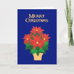 Cartão De Festividades Festive Red Poinsettias on Blue Merry Christmas<br><div class="desc">A bright,  festive 'Season's Greetings' Christmas card with a gold-effect pot of Bright Red Poinsettias on a Deep Blue background with gold-effect lettering. The design is from a hand-painted paper collage by Judy Adamson and you can change change the inside message if you wish.</div>