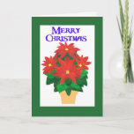 Cartão De Festividades Festive Red Poinsettias on White Merry Christmas<br><div class="desc">A bright,  festive 'Merry Christmas; card with a gold-effect pot of Bright Red Poinsettias on a white background with deep blue lettering and a green border. The design is from a hand-painted paper collage by Judy Adamson and you can change change the inside message if you wish.</div>