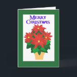 Cartão De Festividades Festive Red Poinsettias on White Merry Christmas<br><div class="desc">A bright,  festive 'Merry Christmas; card with a gold-effect pot of Bright Red Poinsettias on a white background with deep blue lettering and a green border. The design is from a hand-painted paper collage by Judy Adamson and you can change change the inside message if you wish.</div>