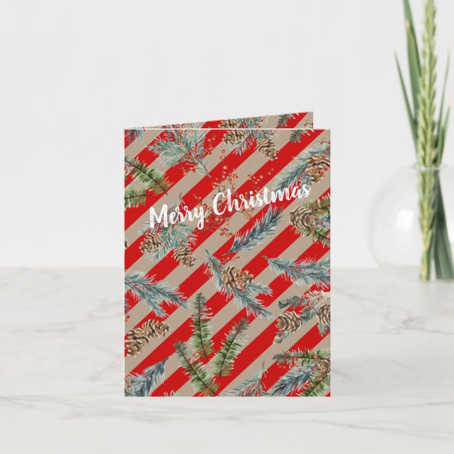 Cartão De Festividades Festive Red Stripe Pine Spruce Cones Kraft Holiday (Frente)