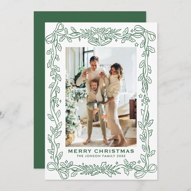 Cartão De Festividades Festive Sage Green Christmas Bow Ribbon 2 Photo Ho (Frente/Verso)