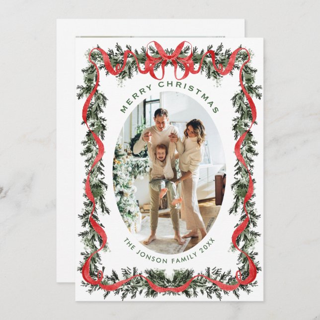Cartão De Festividades Festive Sage Green Christmas Bow Ribbon 2 Photo Ho (Frente/Verso)