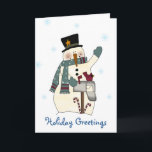 Cartão De Festividades Festive Snowman Christmas Card<br><div class="desc">Custom Christmas greeting card done with country primitive graphics. A festive snowman dressed in top hat and scarf is waving next to a mailbox.  Personalize the greeting on the front and inside to say anything you wish.  Very sweet Christmas card.</div>
