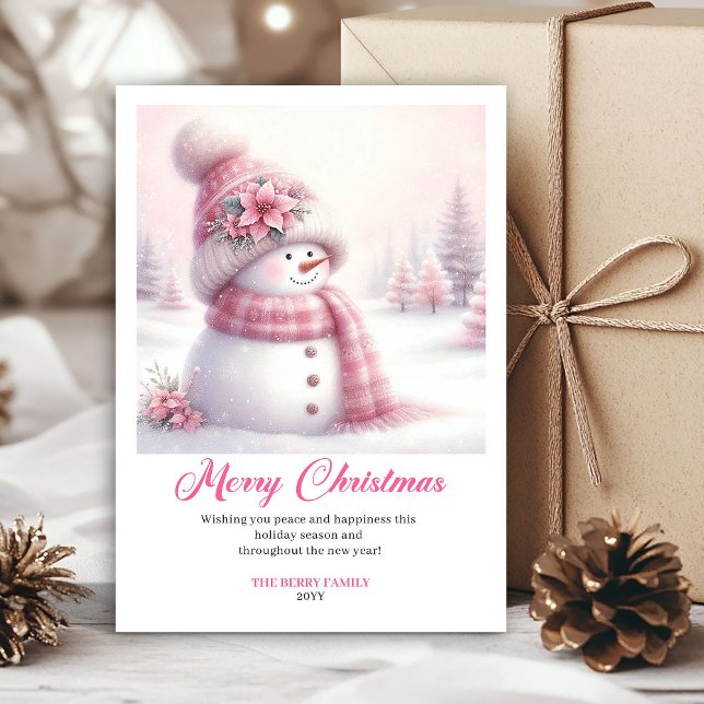 Cartão De Festividades Festive snowy pink snowman kids greeting card edit (Festive snowy pink snowman kids greeting card edit)