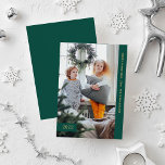Cartão De Festividades Festive Wishes | Modern One Photo<br><div class="desc">These colorful and modern cards feature an emerald green bar along the side of your personal photo,  and a small matching banner with the year adds additional style. The gold colored text says "Merry Christmas",  and you can add your family name.</div>