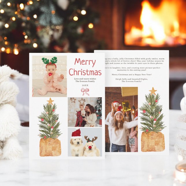 Cartão De Festividades Festivo 4 Fotos Familiares Aquarela Árvore de Nata (Festive 4 photos Family Watercolor Christmas Tree Holiday Card)