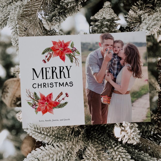 Cartão De Festividades Festivo Botânico Poinsettia Foto de Natal (Criador carregado)