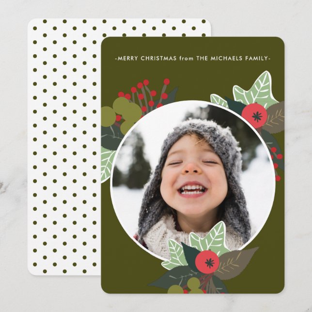 Cartão De Festividades Festivo Círculo Botânico Verde Foto Natal (Frente/Verso)