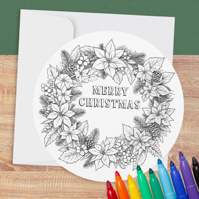 Cartão De Festividades Festivo Corante Elegante Feira Feliz Natal (A Christmas card to color, with round festive wreath design and Merry Christmas greeting)