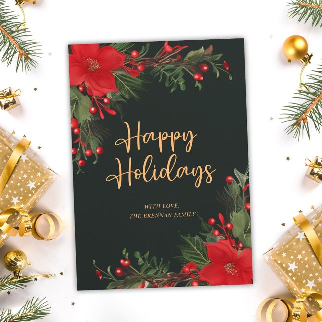 Cartão De Festividades Festivo Elegante Natal Verde Botânico Vermelho (Festive Elegant Christmas Green Red Botanical Holiday Card)