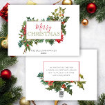 Cartão De Festividades Festivo Festivo Floral com Rótulo<br><div class="desc">Um spray alegre e festivo de flores de férias com ramos de pinheiro,  poinsettias,  flores de madeira de cão,  folhas e sagrada com etiqueta de vazio para a sua personalização. A parte traseira apresenta gráficos florais complementares e campos de texto adicionais.</div>