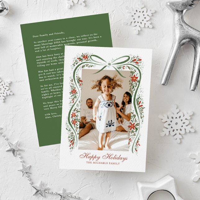 Cartão De Festividades Festivo Fita Verde com Poinsettias e Greenerescênc (Criador carregado)