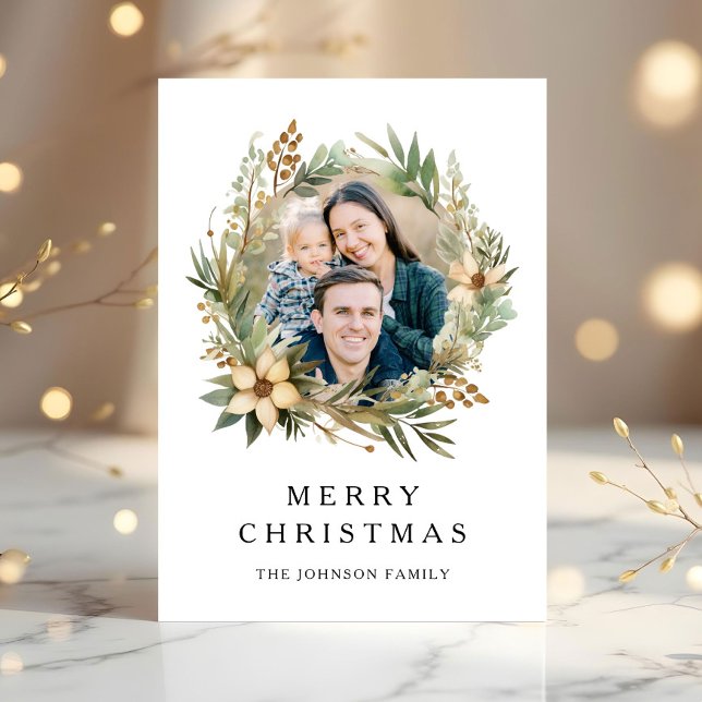 Cartão De Festividades Festivo Fúria Botânica Foto de Natal (Christmas 1 Photo Arch Watercolor Botanical Holiday Card)